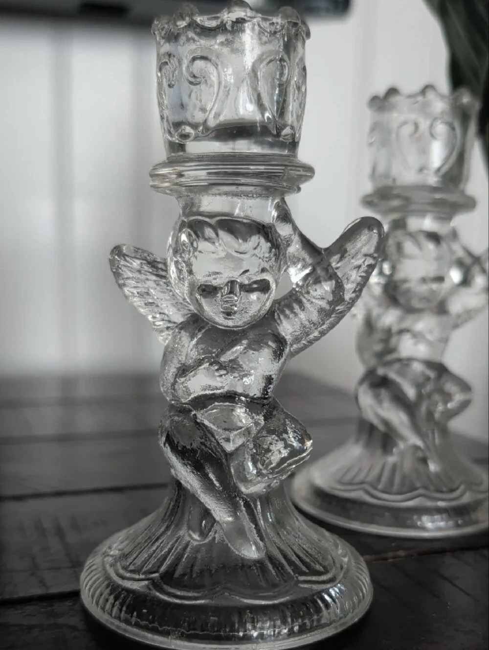 Set Of Cherub Glass Candle Stick Holders